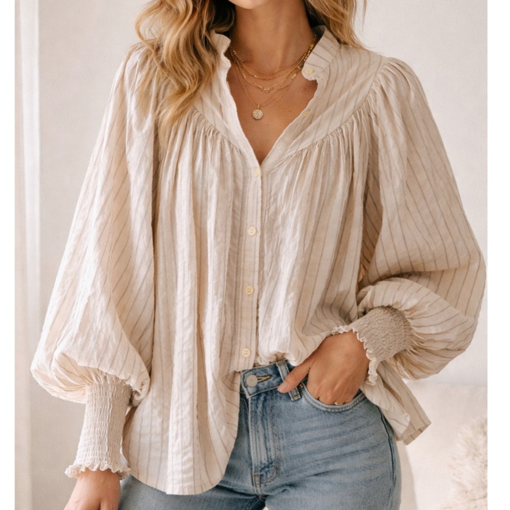 Claramonte | Ivory Smock Sleeve Striped Cream Button Blouse